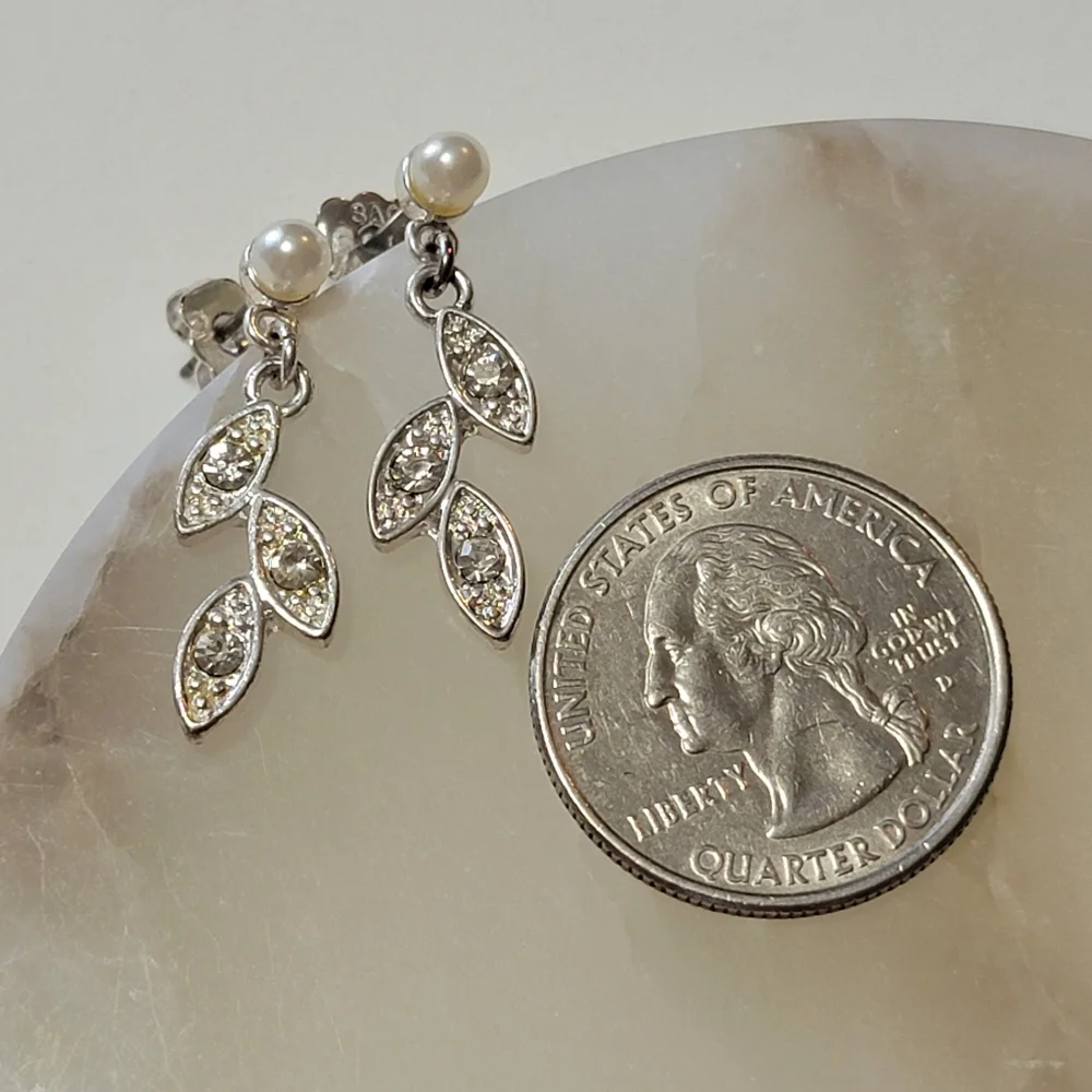 Marquise Leaves Pearlesque Earrings Avon Silver Tone Faux Pearl and Diamond